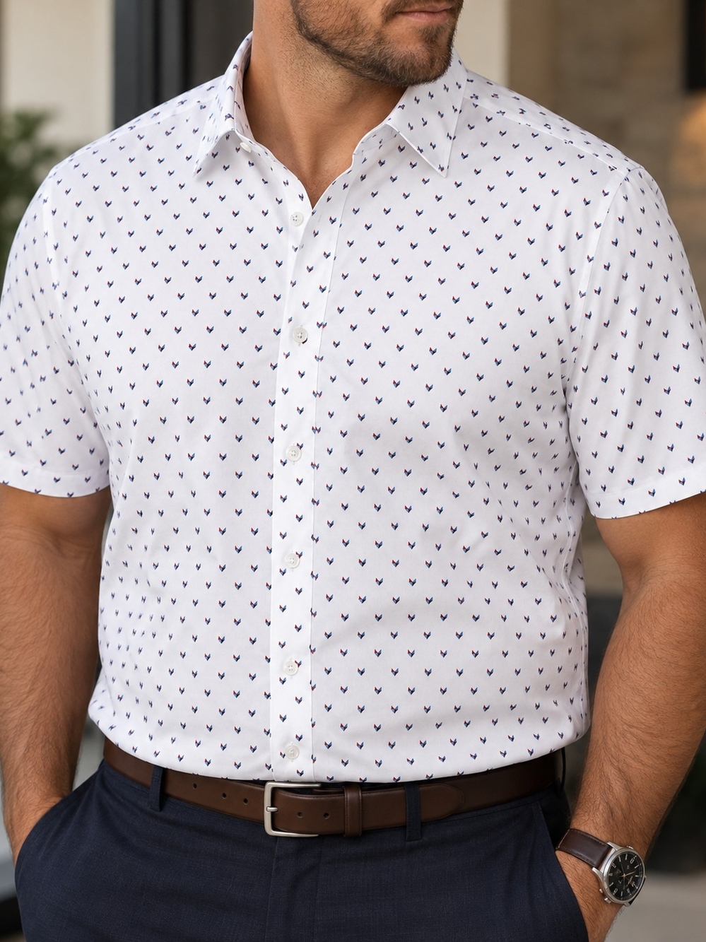 Perry Ellis Men's 2XL Stretch White Geometric Print Short Sleeve Button Up
